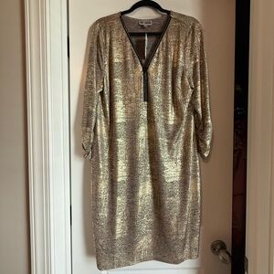 JM Collection Rhinestone Zip Front Brush Gold Dress